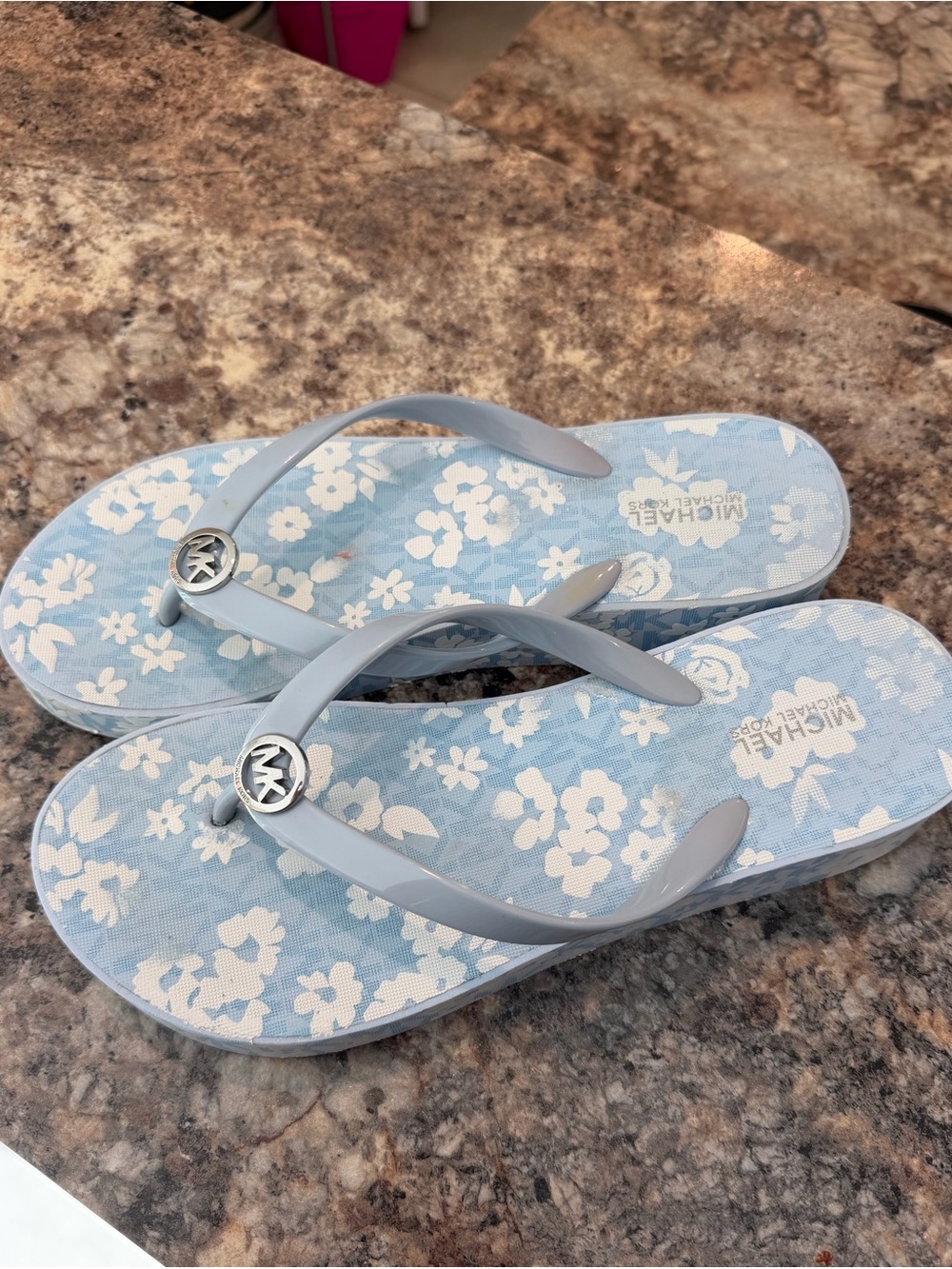 Michael Kors Light Blue Floral Platform Flip Flops